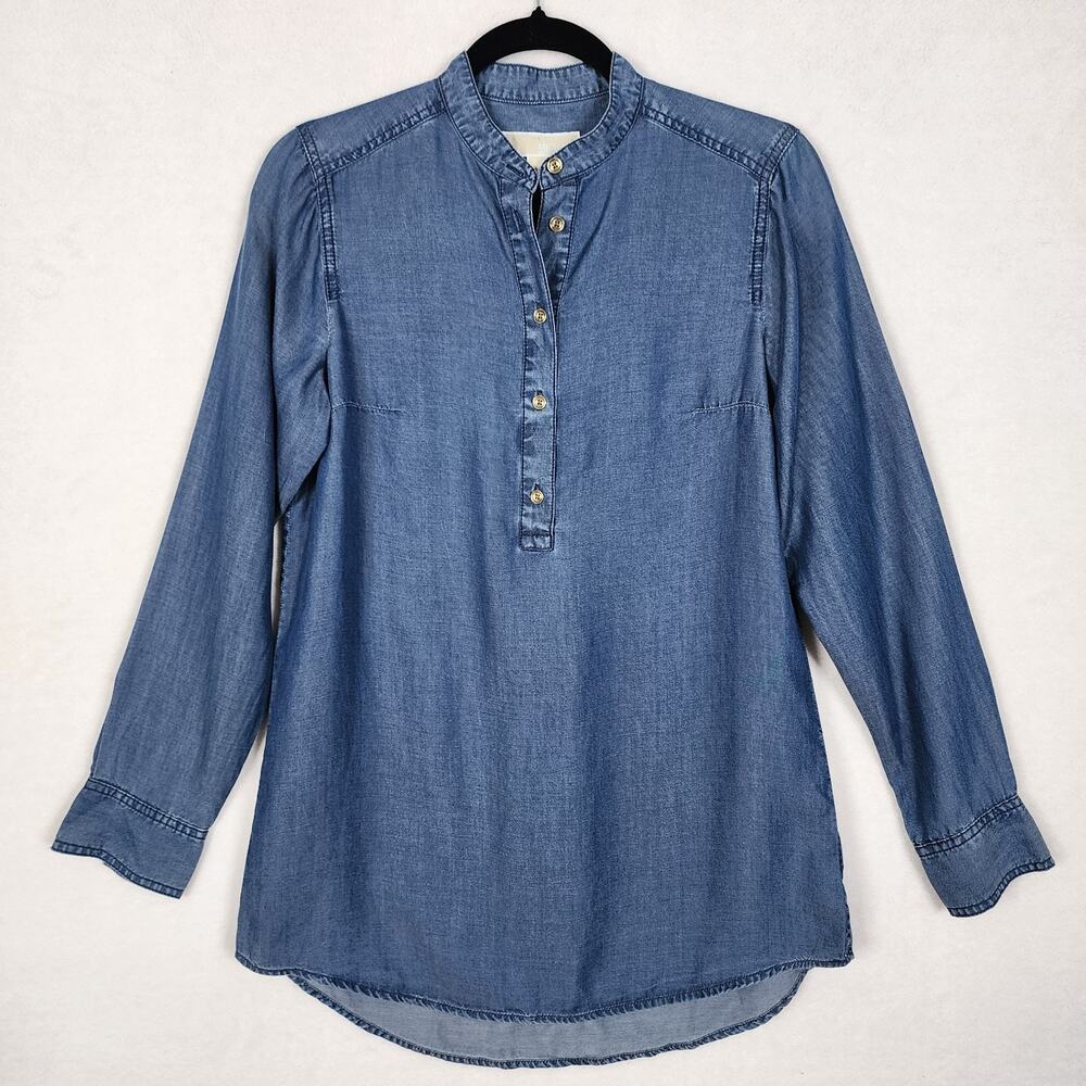 Michael Kors Blue Chambray Tunic Top Long Sleeve Soft Lyocell Size S